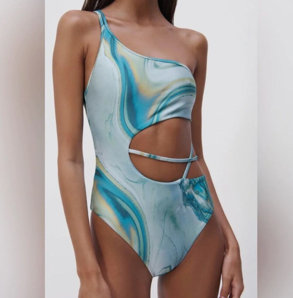 Jonathan Simkhai Laguna Marble Blue One Piece Swim NWT Size S